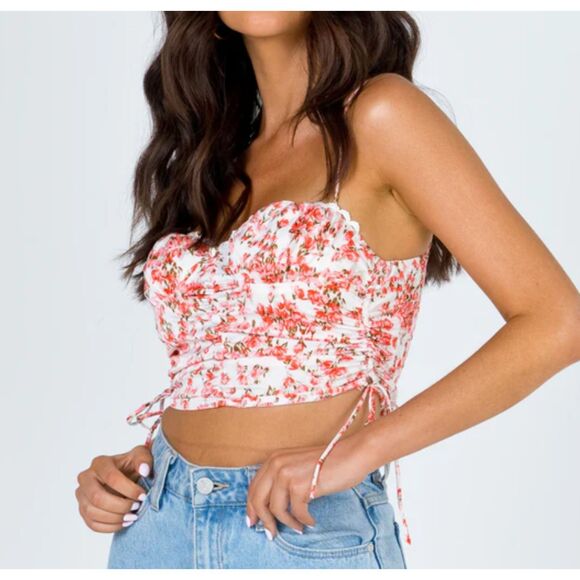 Princess Polly Maddi Top Pink Floral Ruched Lace Trim Crop Tank Women Size L/12 - Picture 3 of 5
